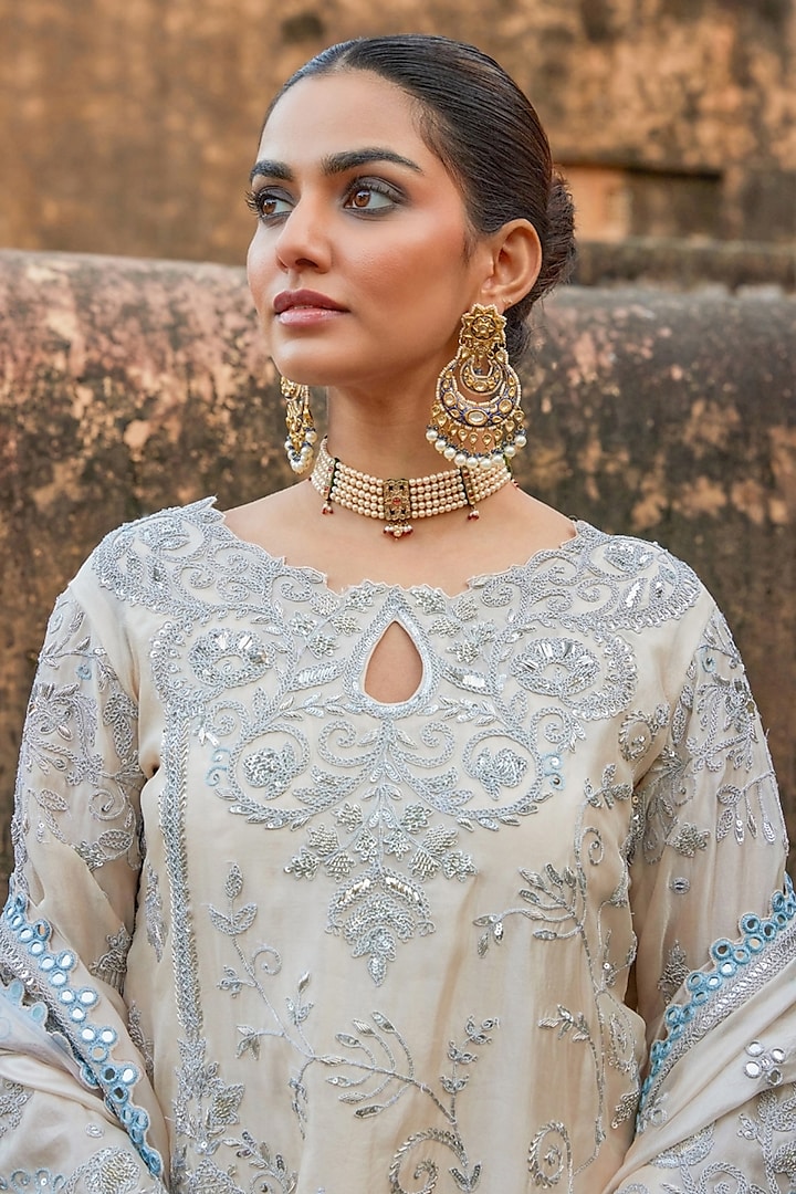 Silver Pure Silk Mirror Hand Embroidered Bridal Lehenga Set by Vinita Bhansali at Pernia's Pop Up Shop