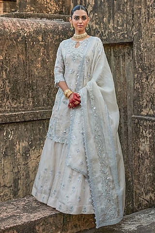 Silver Pure Tissue Mukaish Hand Embroidered Lehenga Set by Vinita Bhansali
