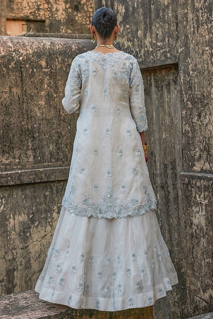 Silver Pure Tissue Mukaish Hand Embroidered Bridal Lehenga Set by Vinita Bhansali at Pernia's Pop Up Shop
