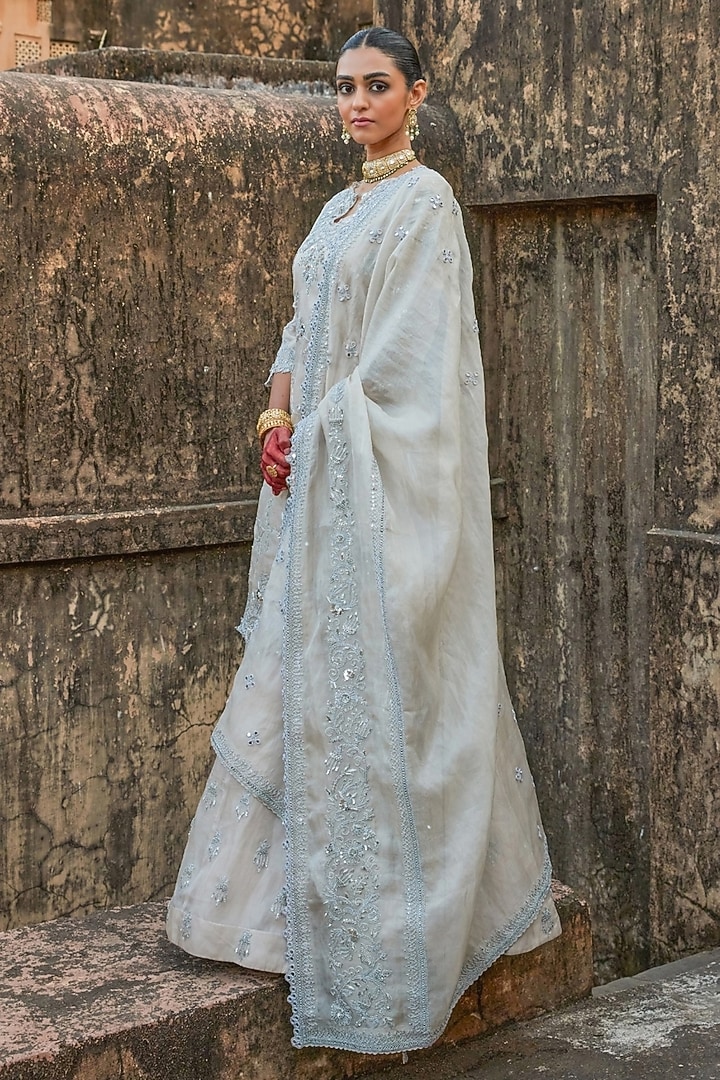 Silver Pure Tissue Mukaish Hand Embroidered Bridal Lehenga Set by Vinita Bhansali at Pernia's Pop Up Shop