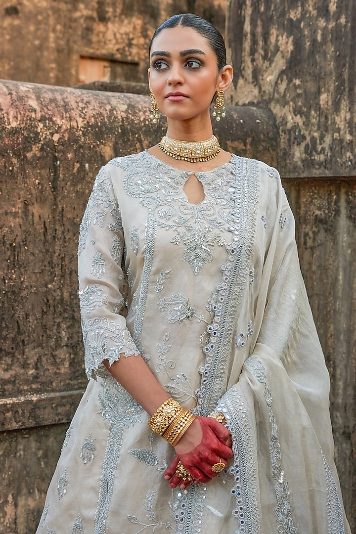 Silver Pure Tissue Mukaish Hand Embroidered Bridal Lehenga Set by Vinita Bhansali at Pernia's Pop Up Shop