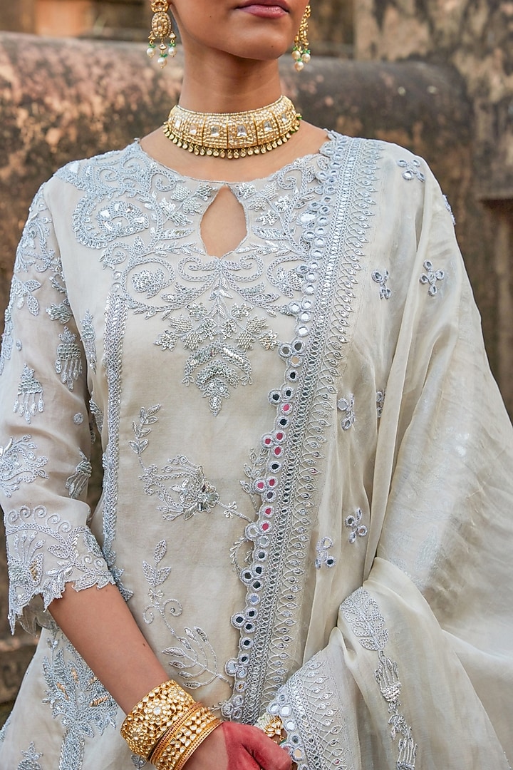 Silver Pure Tissue Mukaish Hand Embroidered Bridal Lehenga Set by Vinita Bhansali at Pernia's Pop Up Shop