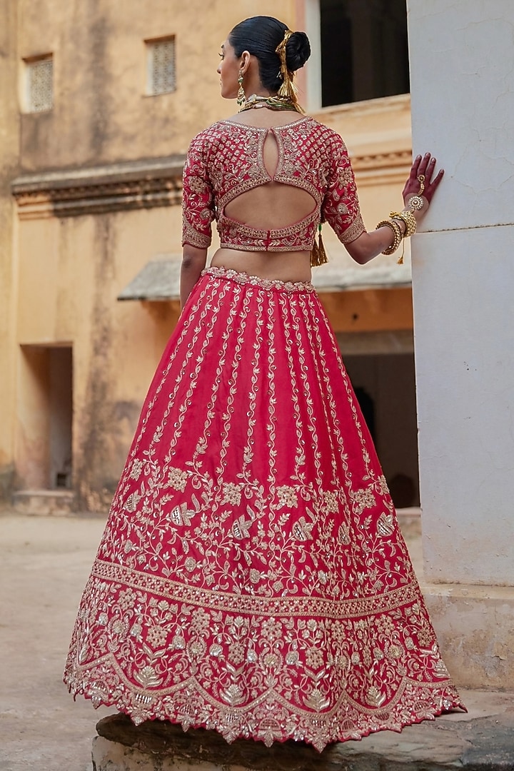 Red Pure Silk Zardosi & Sequin Embroidered Bridal Lehenga Set by Vinita Bhansali at Pernia's Pop Up Shop