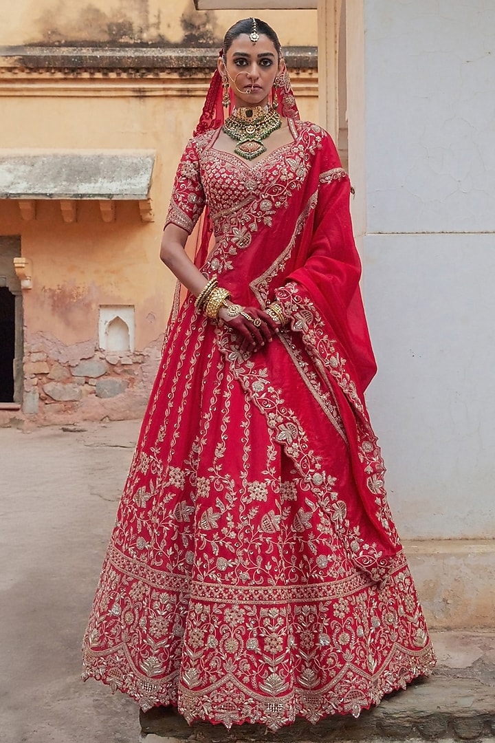 Red Pure Silk Zardosi & Sequin Embroidered Bridal Lehenga Set by Vinita Bhansali at Pernia's Pop Up Shop