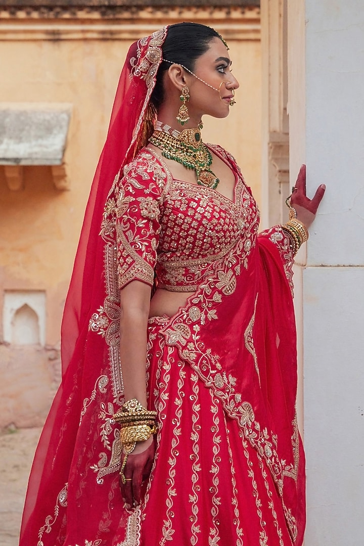 Red Pure Silk Zardosi & Sequin Embroidered Bridal Lehenga Set by Vinita Bhansali at Pernia's Pop Up Shop