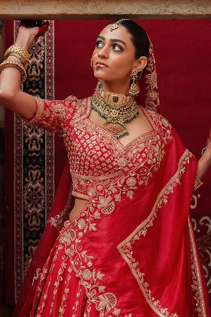 Red Pure Silk Zardosi & Sequin Embroidered Bridal Lehenga Set by Vinita Bhansali at Pernia's Pop Up Shop