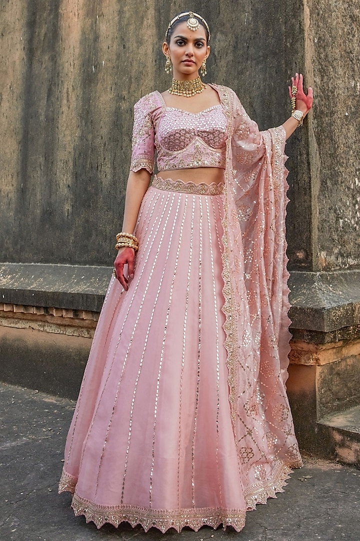 Peach Pure Silk Organza Gota Patti Embroidered Bridal Lehenga Set by Vinita Bhansali at Pernia's Pop Up Shop