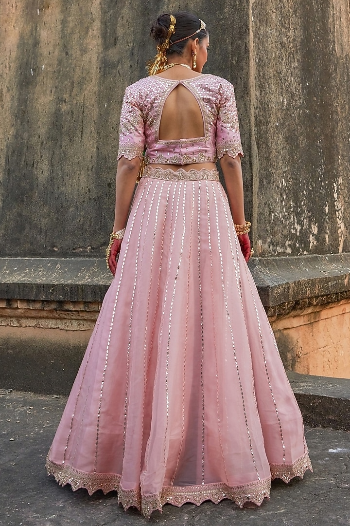 Peach Pure Silk Organza Gota Patti Embroidered Bridal Lehenga Set by Vinita Bhansali at Pernia's Pop Up Shop