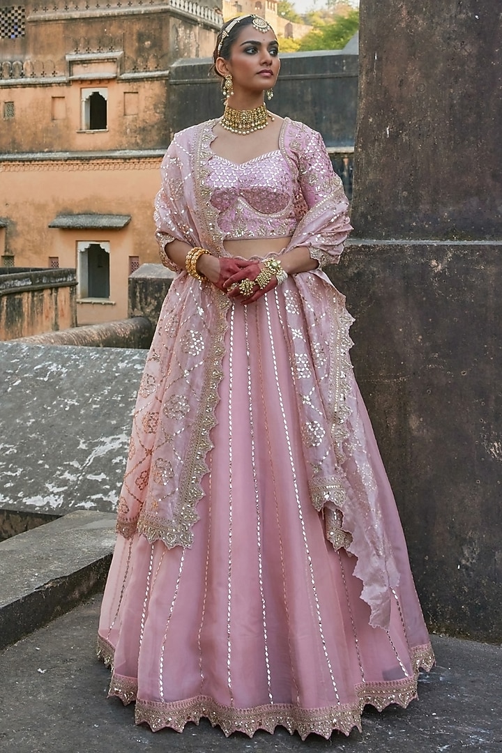 Peach Pure Silk Organza Gota Patti Embroidered Bridal Lehenga Set by Vinita Bhansali at Pernia's Pop Up Shop