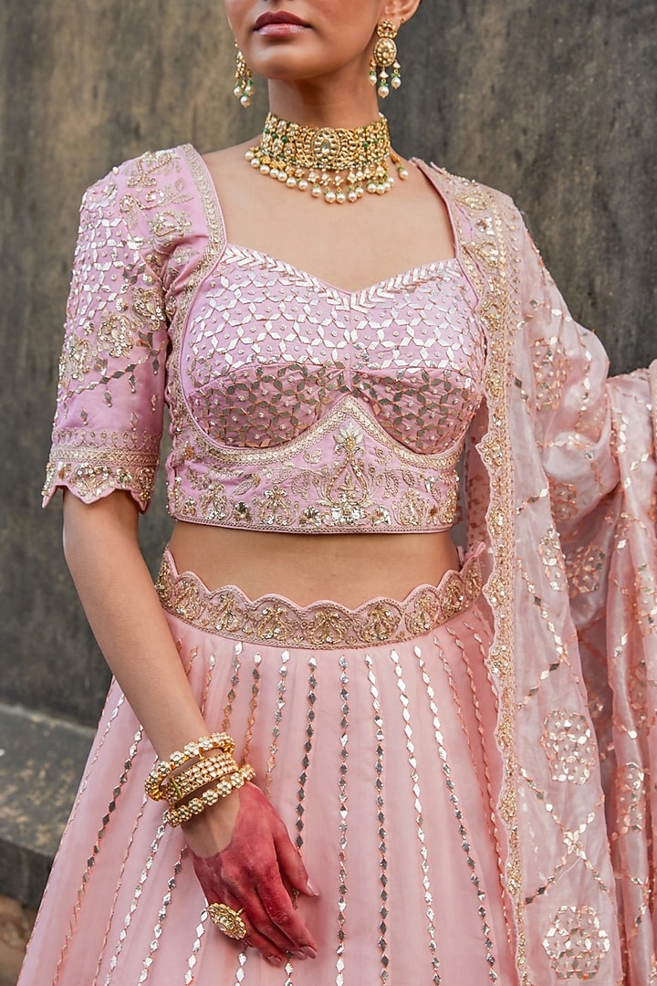 Peach Pure Silk Organza Gota Patti Embroidered Bridal Lehenga Set by Vinita Bhansali at Pernia's Pop Up Shop