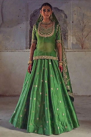 Green Pure Banarasi Silk Mukaish Hand Embroidered Lehenga Set by Vinita Bhansali