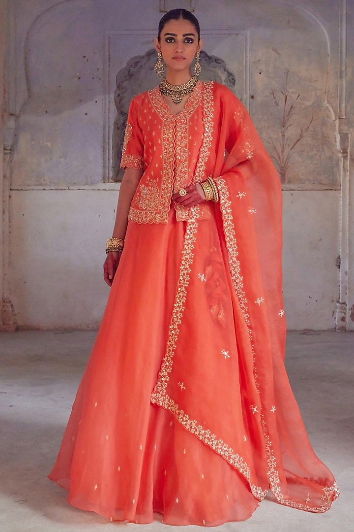 Orange Pure Silk Organza Gota Patti Embroidered Wedding Lehenga Set by Vinita Bhansali at Pernia's Pop Up Shop