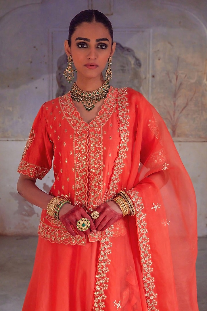 Orange Pure Silk Organza Gota Patti Embroidered Wedding Lehenga Set by Vinita Bhansali at Pernia's Pop Up Shop