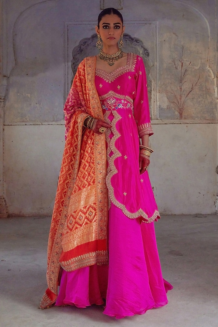 Pink Pure Silk Sequin & Pearl Hand Embroidered Jacket Wedding Lehenga Set by Vinita Bhansali at Pernia's Pop Up Shop