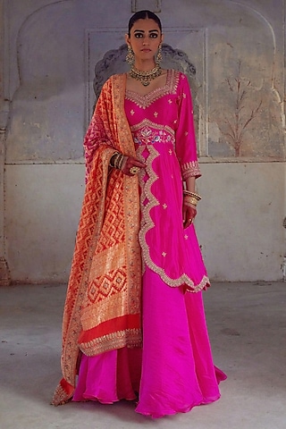 Pink Pure Silk Sequin & Pearl Hand Embroidered Jacket Lehenga Set by Vinita Bhansali