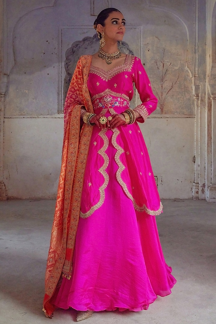 Pink Pure Silk Sequin & Pearl Hand Embroidered Jacket Wedding Lehenga Set by Vinita Bhansali at Pernia's Pop Up Shop