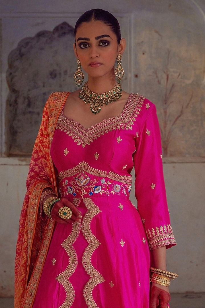 Pink Pure Silk Sequin & Pearl Hand Embroidered Jacket Wedding Lehenga Set by Vinita Bhansali at Pernia's Pop Up Shop