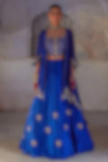 Blue Pure Silk Zardosi Hand Embroidered Jacket Wedding Lehenga Set by Vinita Bhansali at Pernia's Pop Up Shop