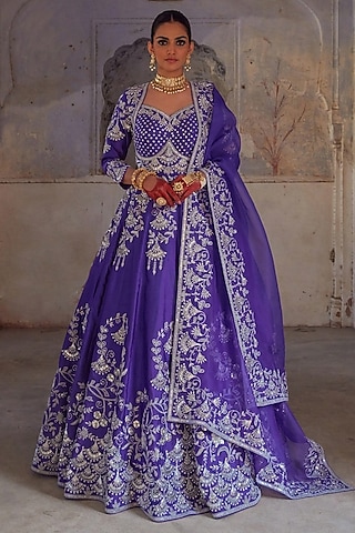 Purple Pure Silk Zardosi Embroidered Gown With Dupatta by Vinita Bhansali