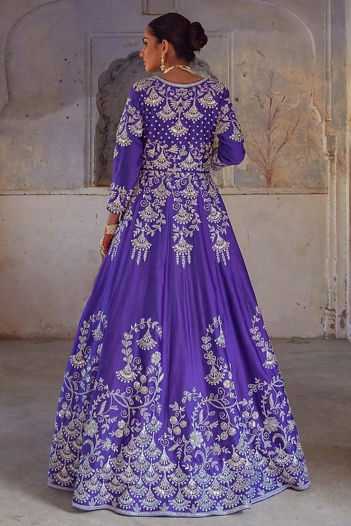 Purple Pure Silk Zardosi Embroidered Bridal Gown With Dupatta by Vinita Bhansali at Pernia's Pop Up Shop