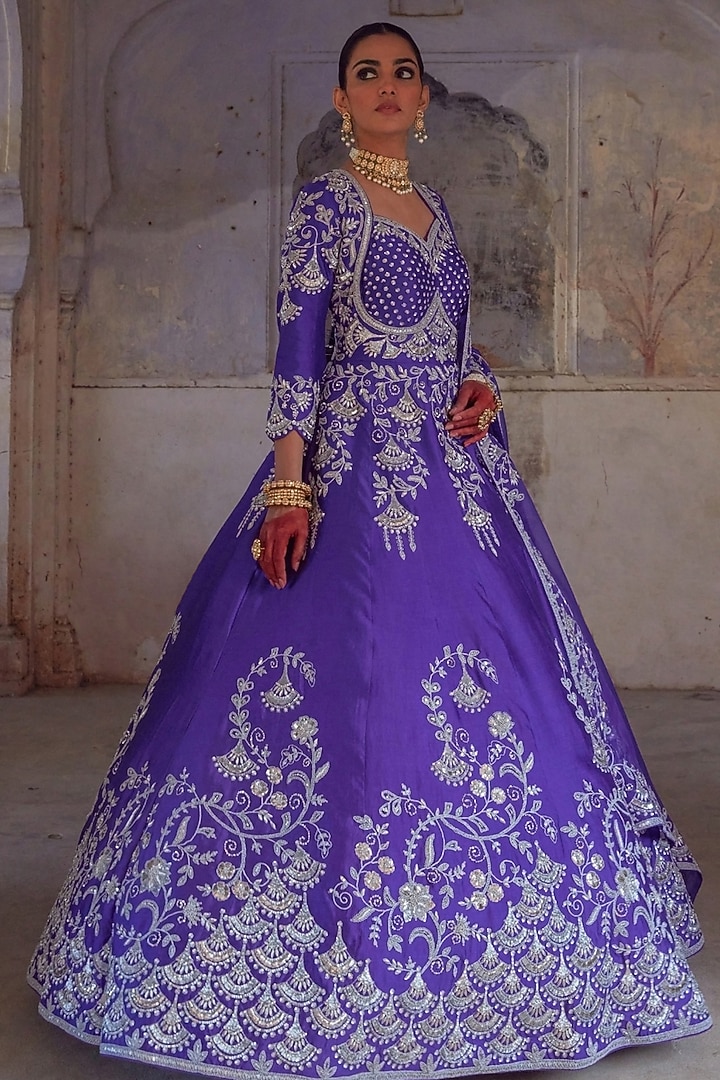Purple Pure Silk Zardosi Embroidered Bridal Gown With Dupatta by Vinita Bhansali at Pernia's Pop Up Shop