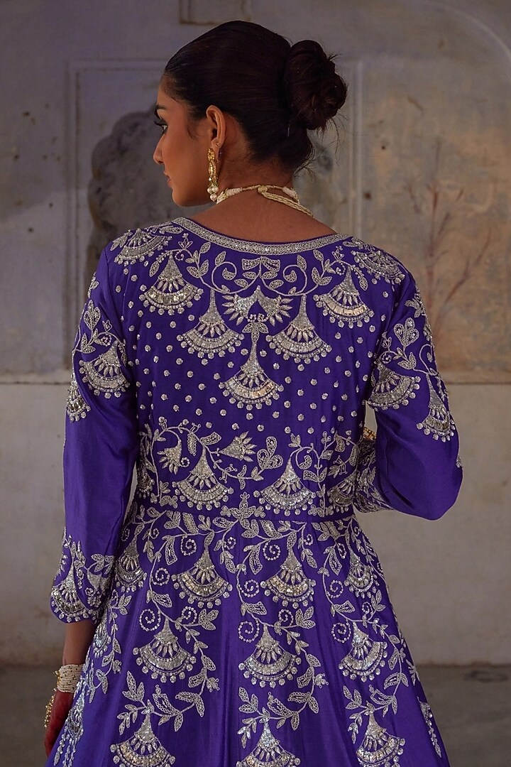 Purple Pure Silk Zardosi Embroidered Bridal Gown With Dupatta by Vinita Bhansali at Pernia's Pop Up Shop