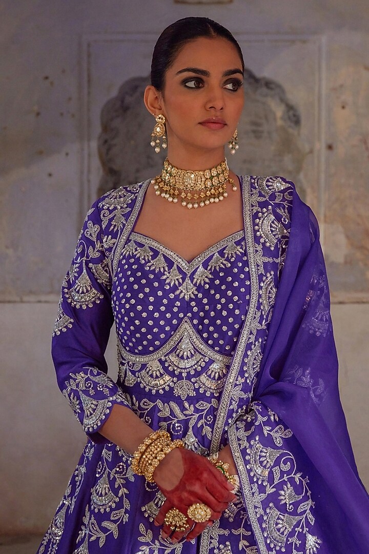 Purple Pure Silk Zardosi Embroidered Bridal Gown With Dupatta by Vinita Bhansali at Pernia's Pop Up Shop