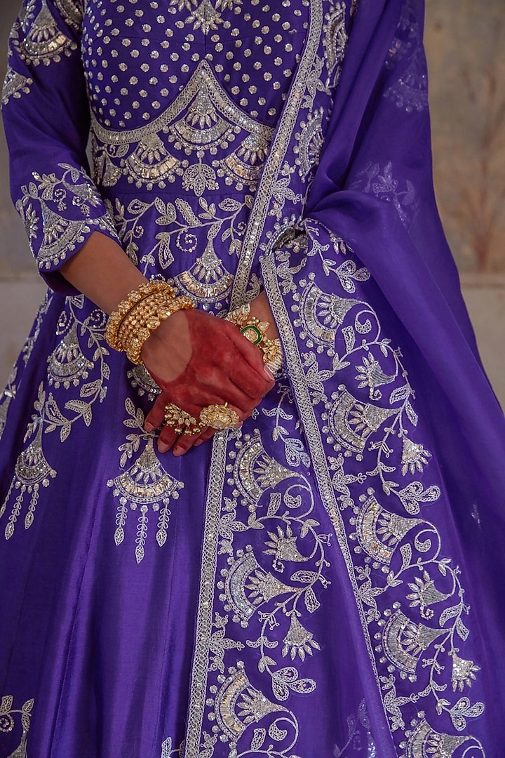 Purple Pure Silk Zardosi Embroidered Bridal Gown With Dupatta by Vinita Bhansali at Pernia's Pop Up Shop