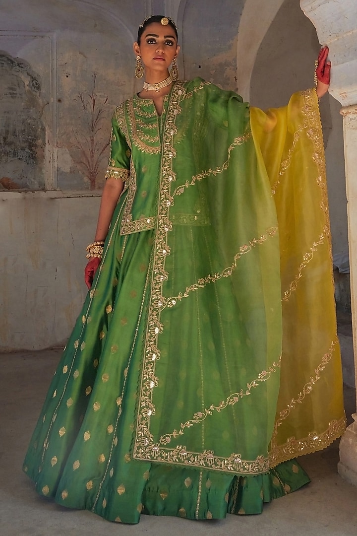 Green Pure Banarasi Silk Zardosi & Sequin Hand Embroidered Wedding Lehenga Set by Vinita Bhansali at Pernia's Pop Up Shop