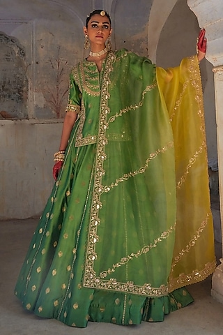 Green Pure Banarasi Silk Zardosi & Sequin Hand Embroidered Lehenga Set by Vinita Bhansali