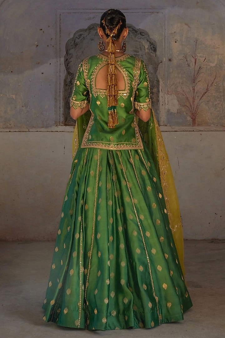 Green Pure Banarasi Silk Zardosi & Sequin Hand Embroidered Wedding Lehenga Set by Vinita Bhansali at Pernia's Pop Up Shop
