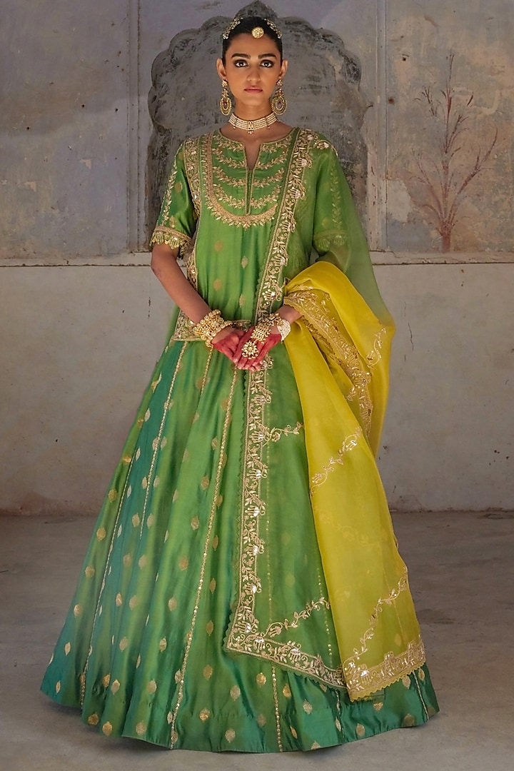 Green Pure Banarasi Silk Zardosi & Sequin Hand Embroidered Wedding Lehenga Set by Vinita Bhansali at Pernia's Pop Up Shop