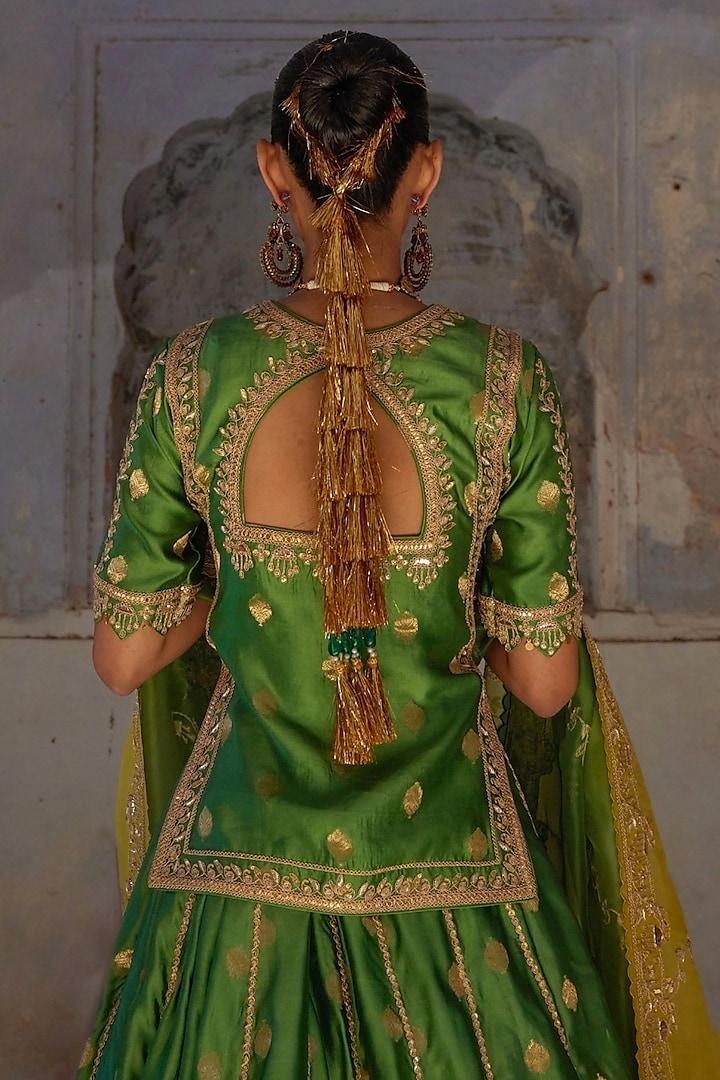 Green Pure Banarasi Silk Zardosi & Sequin Hand Embroidered Wedding Lehenga Set by Vinita Bhansali at Pernia's Pop Up Shop