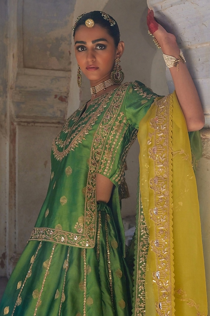 Green Pure Banarasi Silk Zardosi & Sequin Hand Embroidered Wedding Lehenga Set by Vinita Bhansali at Pernia's Pop Up Shop