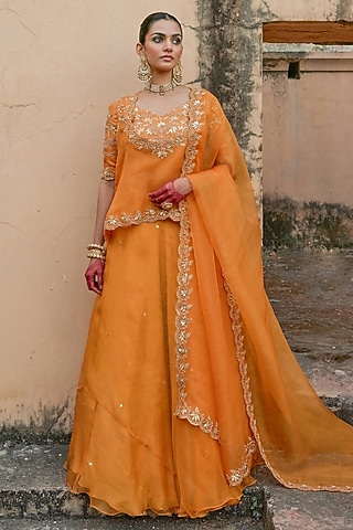 Yellow Pure Silk Organza Pearl Hand Embroidered Lehenga Set by Vinita Bhansali