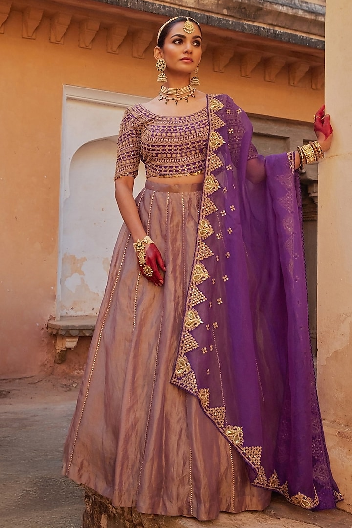 Purple Pure Tissue Floral Motif & Cutdana Hand Embroidered Wedding Lehenga Set by Vinita Bhansali at Pernia's Pop Up Shop