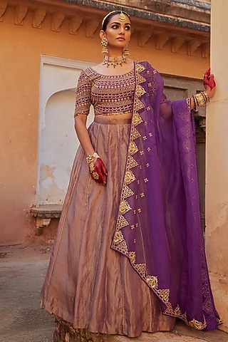 Purple Pure Tissue Floral Motif & Cutdana Hand Embroidered Lehenga Set by Vinita Bhansali