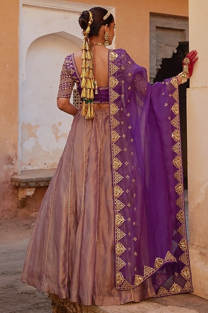Purple Pure Tissue Floral Motif & Cutdana Hand Embroidered Wedding Lehenga Set by Vinita Bhansali at Pernia's Pop Up Shop