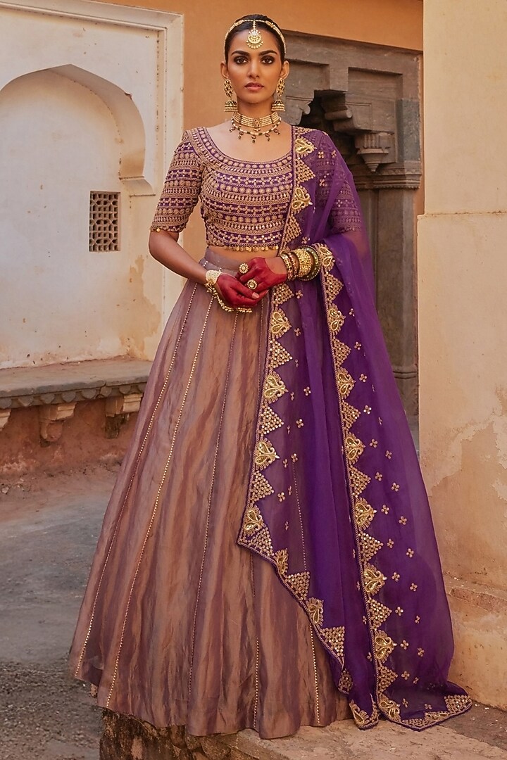 Purple Pure Tissue Floral Motif & Cutdana Hand Embroidered Wedding Lehenga Set by Vinita Bhansali at Pernia's Pop Up Shop