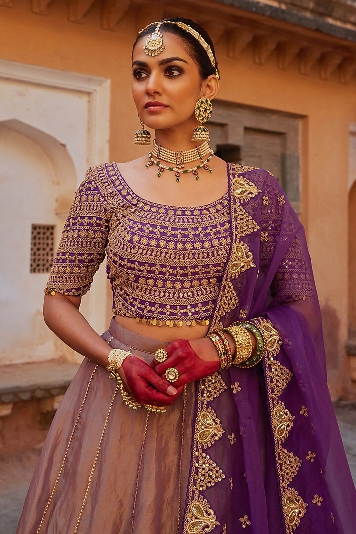 Purple Pure Tissue Floral Motif & Cutdana Hand Embroidered Wedding Lehenga Set by Vinita Bhansali at Pernia's Pop Up Shop