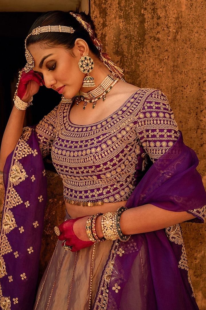 Purple Pure Tissue Floral Motif & Cutdana Hand Embroidered Wedding Lehenga Set by Vinita Bhansali at Pernia's Pop Up Shop