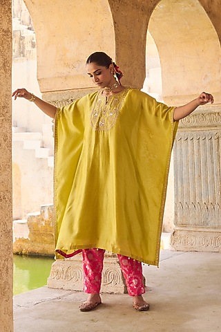 Green Pure Silk Hand Embroidered Kaftan Set by Vinita Bhansali