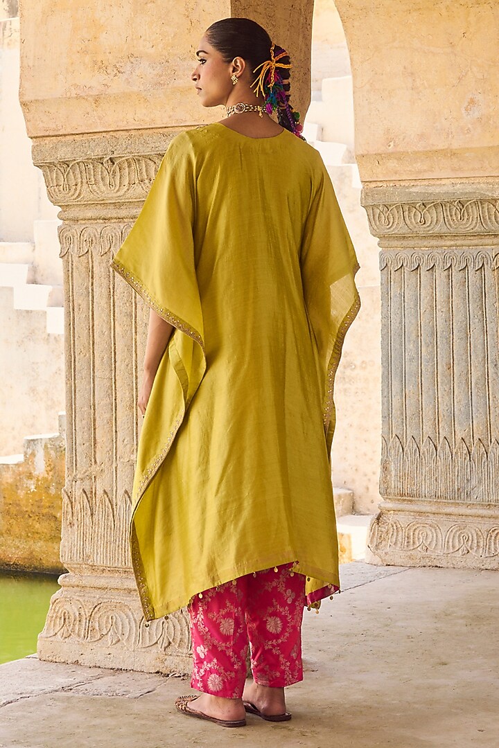 Green Pure Silk Hand Embroidered Kaftan Set by Vinita Bhansali at Pernia's Pop Up Shop