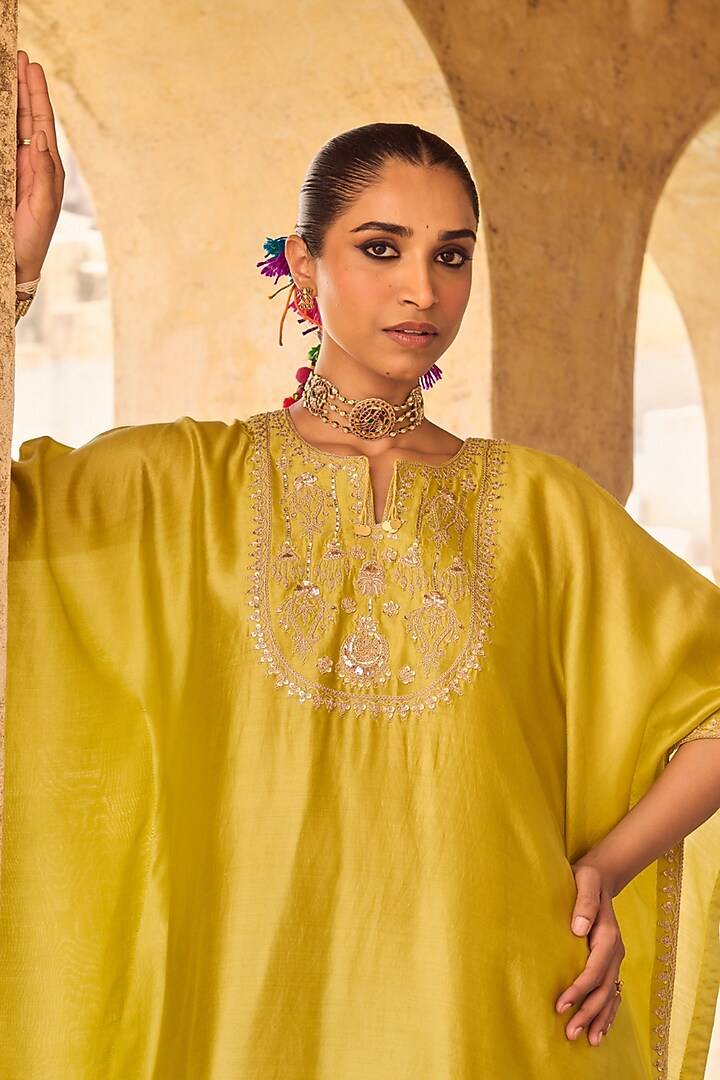 Green Pure Silk Hand Embroidered Kaftan Set by Vinita Bhansali at Pernia's Pop Up Shop