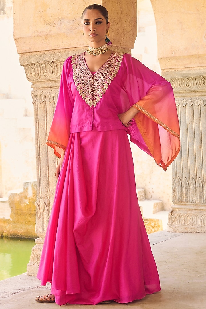 Pink Pure Silk Zardosi Hand Embroidered Kaftan Set by Vinita Bhansali at Pernia's Pop Up Shop