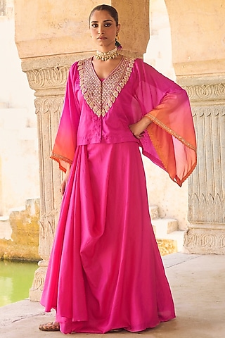 Pink Pure Silk Zardosi Hand Embroidered Kaftan Set by Vinita Bhansali