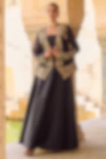 Black Pure Silk Organza Embroidered Jacket Engagement Gown by Vinita Bhansali at Pernia's Pop Up Shop