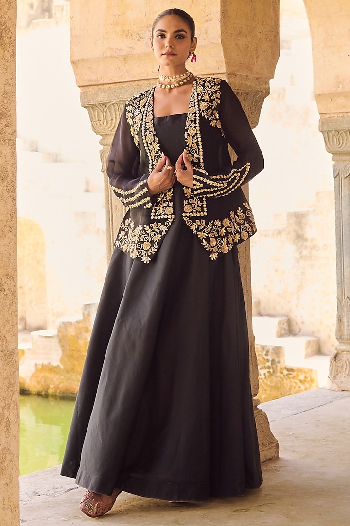 Black Pure Silk Organza Embroidered Jacket Engagement Gown by Vinita Bhansali at Pernia's Pop Up Shop
