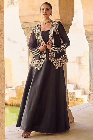 Black Pure Silk Organza Embroidered Jacket Gown by Vinita Bhansali