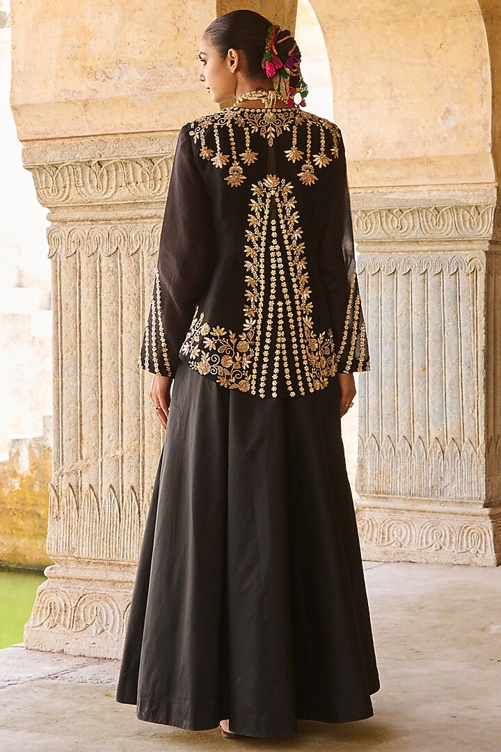 Black Pure Silk Organza Embroidered Jacket Engagement Gown by Vinita Bhansali at Pernia's Pop Up Shop